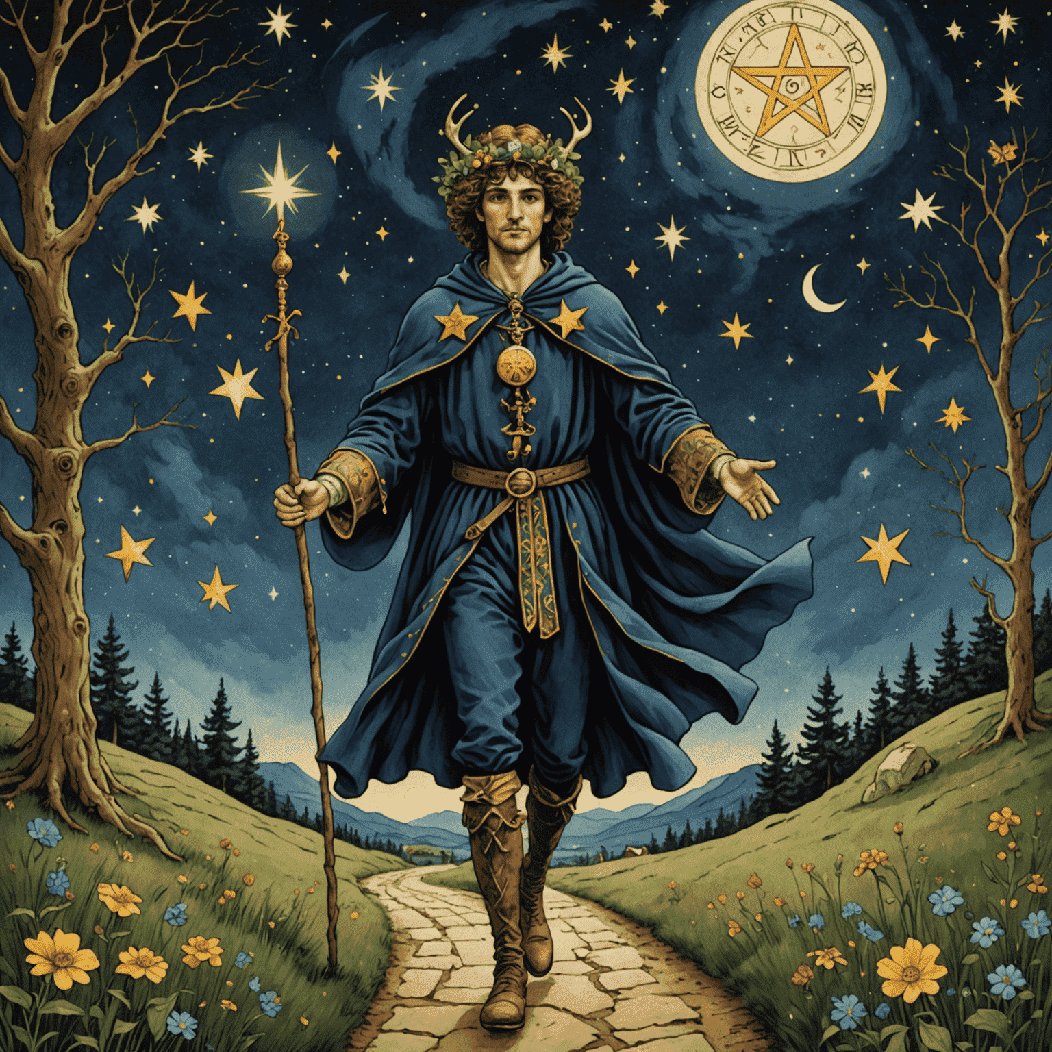 Una ilustración del Loco del Tarot caminando por un camino estrellado, con símbolos astrológicos flotando a su alrededor